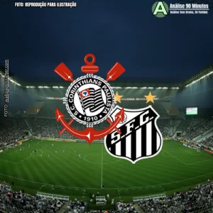 Estádio do Corinthians de fundo e a frente os escudos de Corinthians x Santos