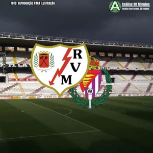 Estádio do Rayo Vallecano de fundo e a frente os escudo do Rayo Vallecano x Real Vallidolid