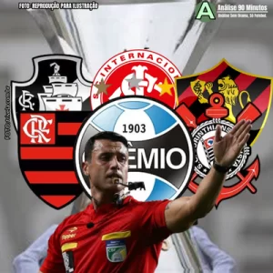 Rodada 5 do Brasileirão 2025. Na imagem vemos ao fundo o troféu do brasileirão e a frente escudos dos times GRêmio, Flamengo, Vasco, Corinthians, Sport e internacional e mais a frente deles o Juíz Braúlio da Silva Machado, envolvido em mais uma polemica.