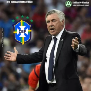 Ancelotti inicia nova era na Seleção Brasileira. Na imagem vemos o novo técnico da seleção brasileira, Ancelotti e um escudo da CBF.
