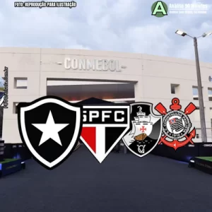 Brasileiros brilham na Libertadores e Sul-Americana. Na imagem vemos ao fundo a sede da Conmebol e a frente os escudos dos times que iremos abordar na matéria que são - Botafogo, São Paulo, Vasco e Corinthians.