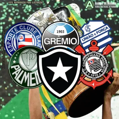Copa do Brasil 2025. Na imagem vemos o troféu da Copa do Brasil e a frente os escudos das equipes do Botafogo, Palmeiras, Corinthians, Bahia, CSA e Grêmio.