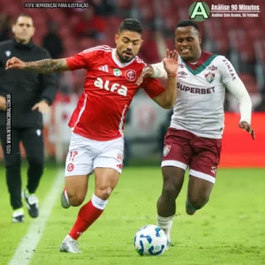 Internacional se complica no Brasileirão. Na imagem vemos jogadores de Internacional e Fluminense disputando a bola no jogo valido pelo brasileirão 2025.